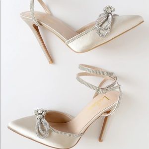Lulu’s Lullie Ivory Satin Rhinestone Ankle Strap Pointed-Toe Pumps